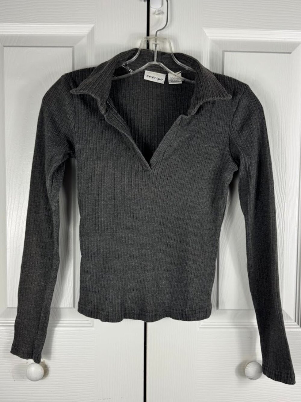 Vintage Energie Y2K Grey Rib Knit Long Sleeve Crop Top Size Medium